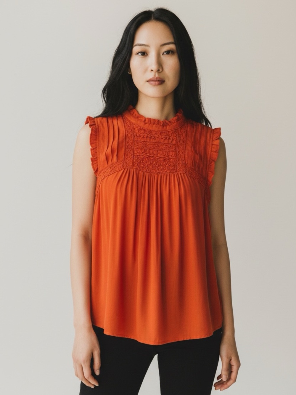 Anthropologie | Women's Orange High Neck Ruffle Blouse Top Size 8